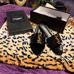 Saint Laurent Black and Gold Slide Sandals